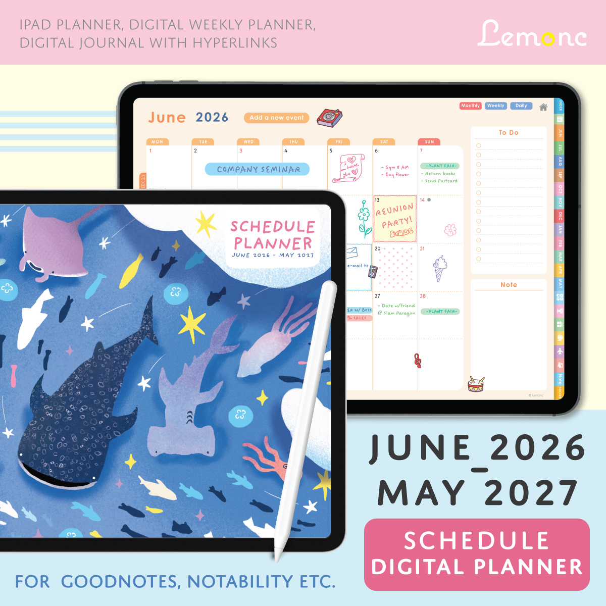 Lemonc : Digital Planner Goodnotes, iPad Planner, June 2026 - May 2027