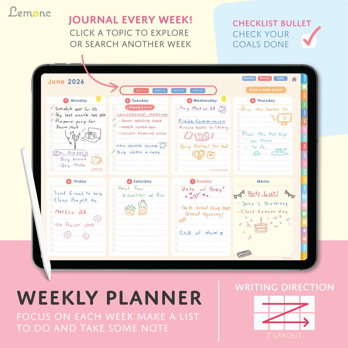 Lemonc : Digital Planner Goodnotes, iPad Planner, June 2026 - May 2027